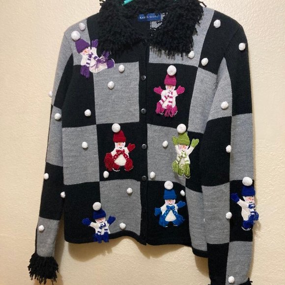Vintage Y2K Karen Scott Christmas Snowmen 3D Snowballs Fringe Sweater Small - Picture 1 of 7